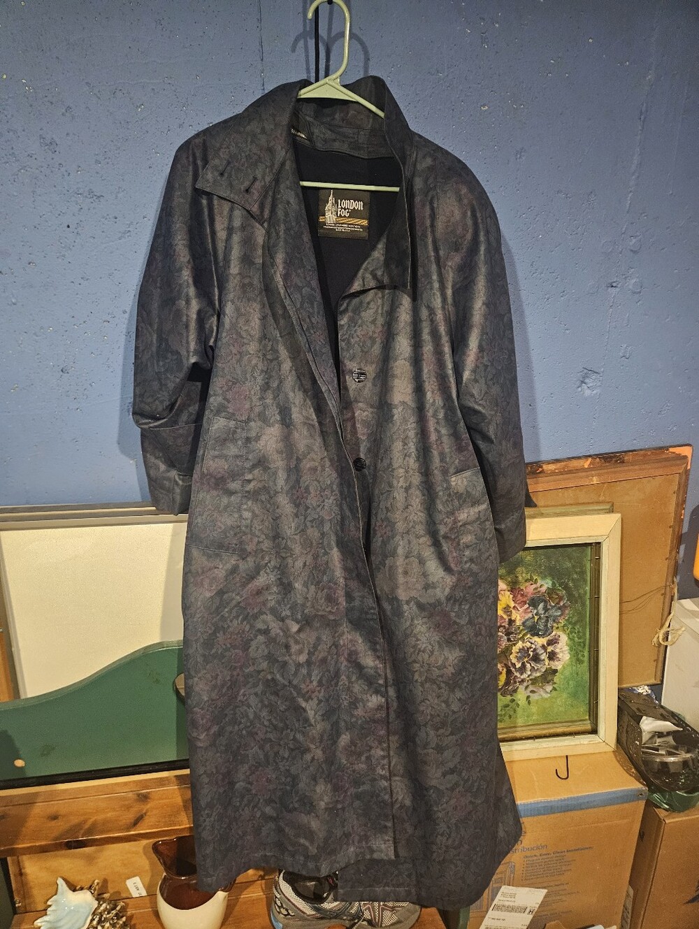 London Fog Trench Coat Womens  Blue Floral Vintage Wamsutta Size 12 Pet Vintage
